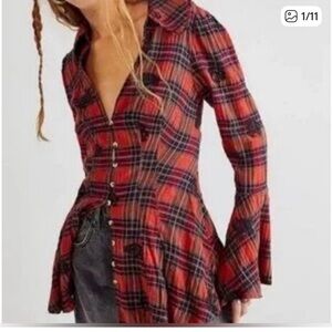 Free People Ezra Embroidered Red Plaid Bell Sleeve Top